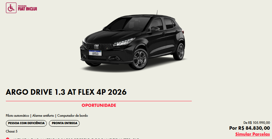 Fiat Argo Drive 1.3 CVT 2026 sai mais barato que o Mobi com R$ 21.160 de desconto