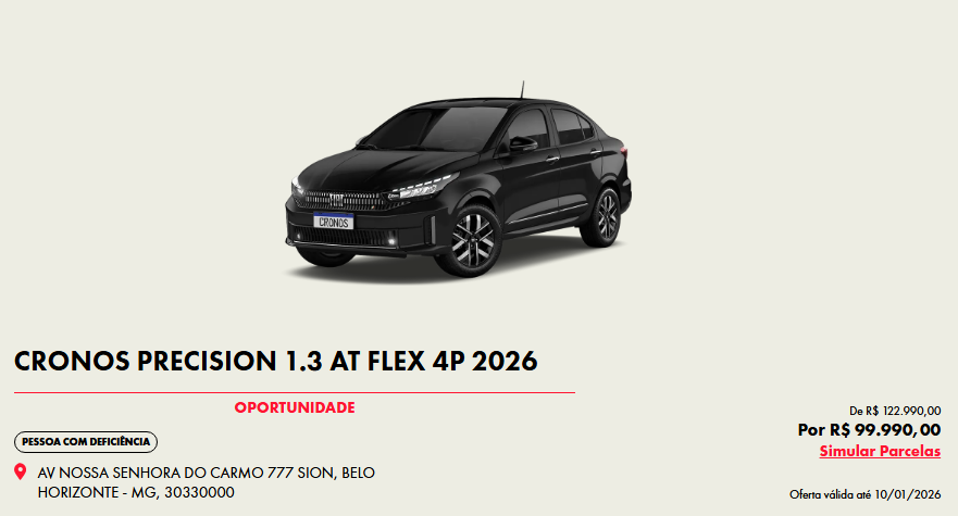 Fiat Cronos Precision 2026 fica mais barato que o HB20 em oferta de janeiro