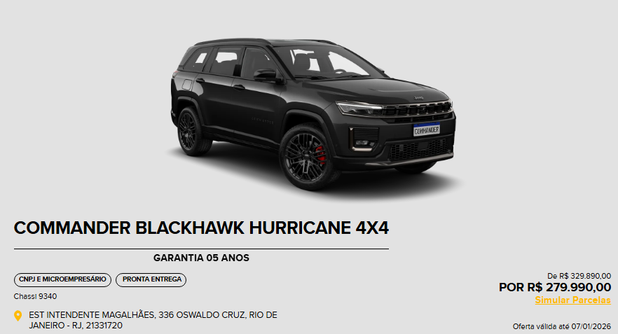 Jeep libera Commander Blackhawk em janeiro de 2026 com descontão de R$ 49.900 para CNPJ