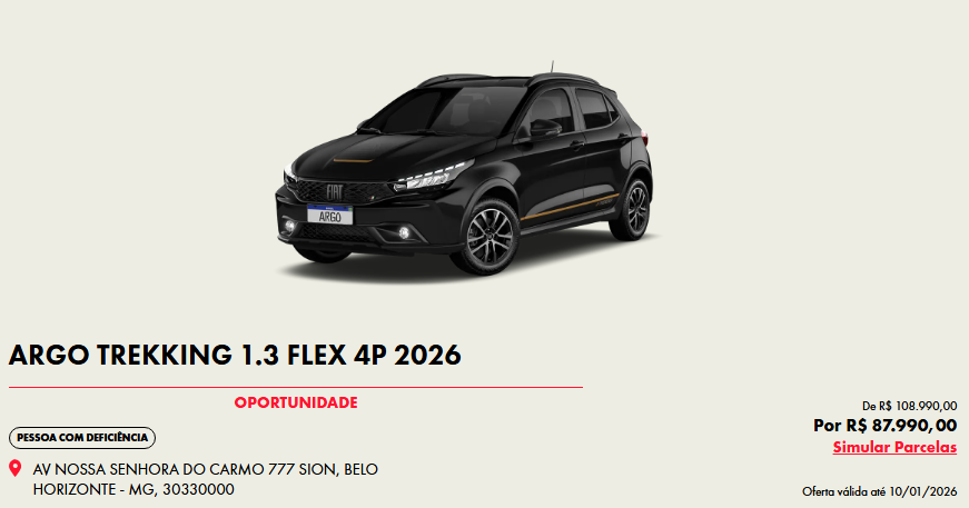 Fiat libera Argo Trekking em janeiro de 2026 com descontão de R$ 21 mil para PcD