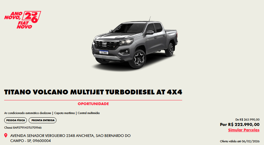 Fiat Titano Volcano 2026 tem preço de Toro em promoção de janeiro