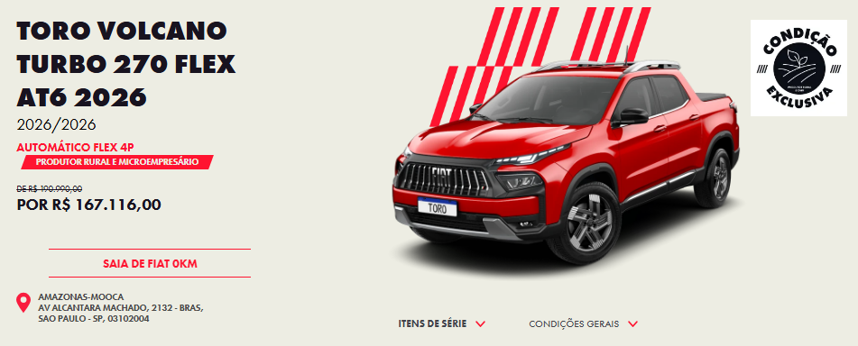 Fiat Toro Volcano Flex 2026 recebe desconto especial de quase R$ 24 mil