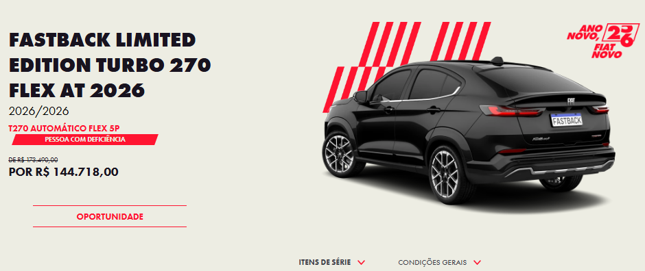 Fiat Fastback Limited 2026 tem desconto de R$ 28.772 para PcD e sai por preço de Tera