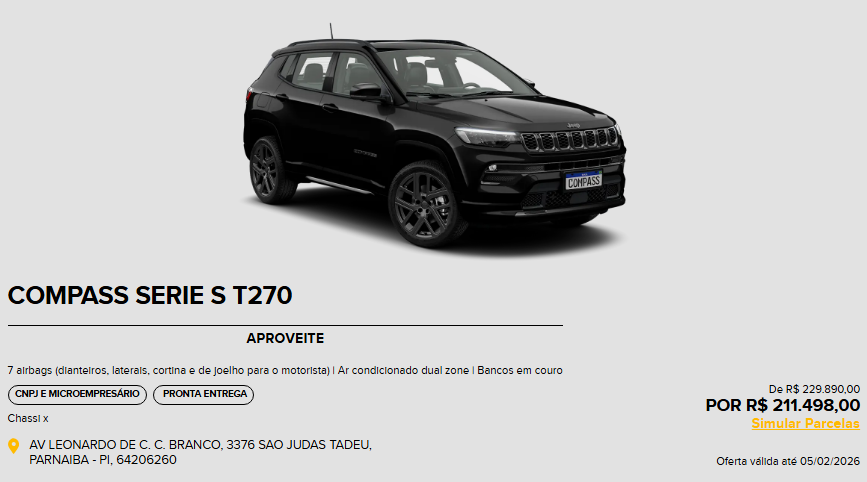 Jeep libera Compass Serie S T270 em janeiro de 2026 com descontão de R$ 18.392 para CNPJ