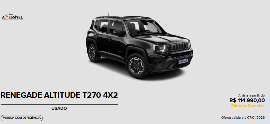 Jeep Renegade Altitude 2026 passa a custar menos que o Polo em janeiro