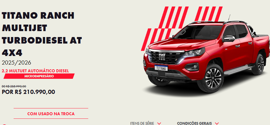 Fiat libera Titano Ranch em janeiro de 2026 com descontão de R$ 75 mil para CNPJ