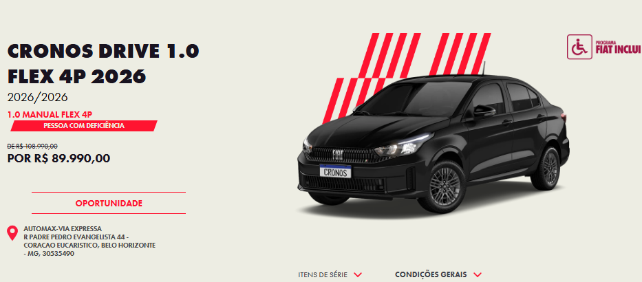 Fiat Cronos Drive 1.0 2026 tem redução de R$ 26.038 e sai mais em conta que Polo
