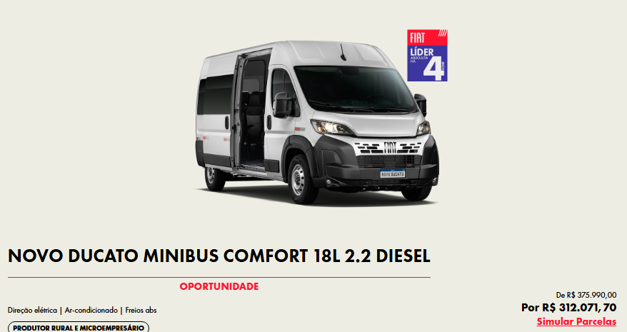 Fiat libera Ducato Comfort em janeiro de 2026 com desconto de R$ 63.918 para CNPJ