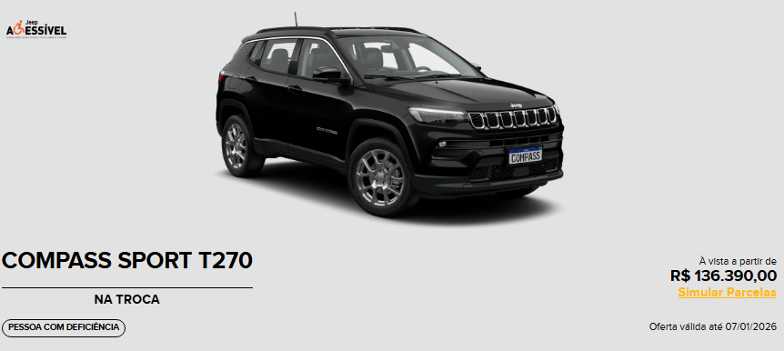 Jeep libera Compass Sport em janeiro de 2026 com descontão de R$ 35.100 para PcD