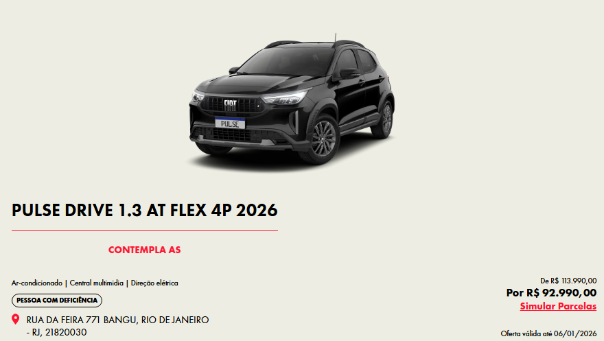 Fiat Pulse Drive 1.3 CVT 2026 passa a custar menos que o HB20 em janeiro