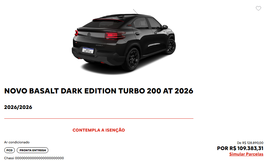 Citroën Basalt Dark Edition 2026 sai por menos que Onix em oferta especial
