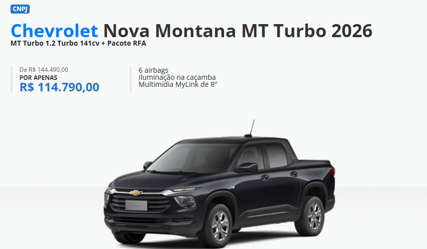 Chevrolet derruba preço da Montana MT Turbo 2026 em R$ 29.700 para CNPJ em janeiro
