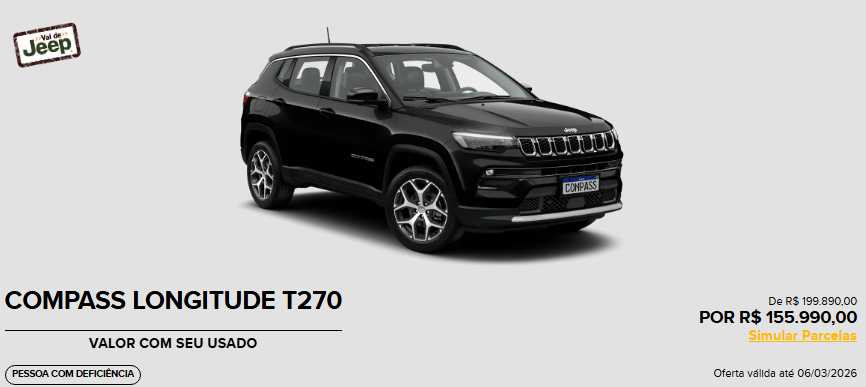 Jeep libera Compass Longitude 2026 com desconto de R$ 43.900 para PcD em fevereiro
