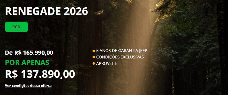 Jeep Renegade Longitude fica R$ 28.100 mais barato para PcD em fevereiro