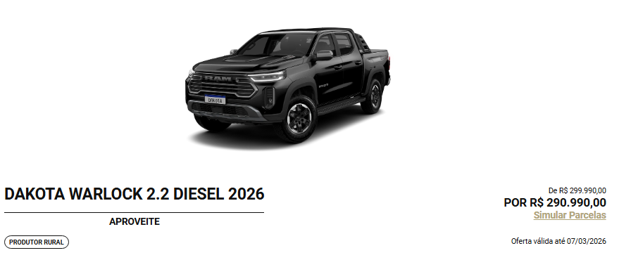 Ram libera Dakota 2026 com desconto de R$ 9.000,00 para CNPJ em fevereiro