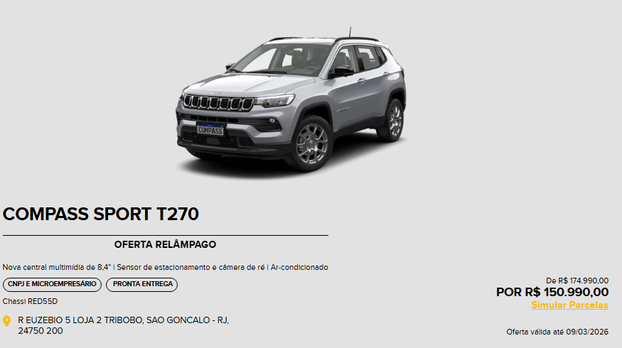 Jeep corta até R$ 53.000,00 do Compass Sport 2026 em oferta para vendas diretas
