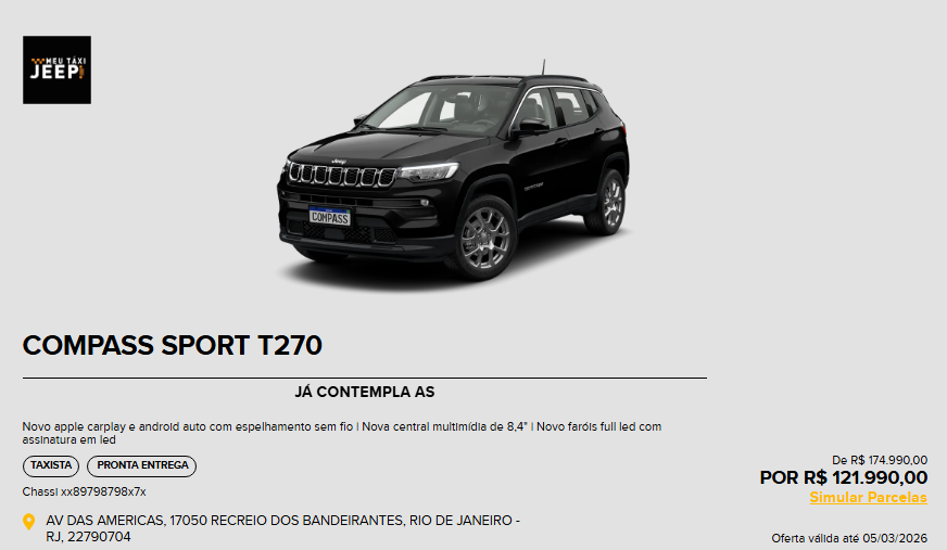 Jeep corta até R$ 53.000,00 do Compass Sport 2026 em oferta para vendas diretas