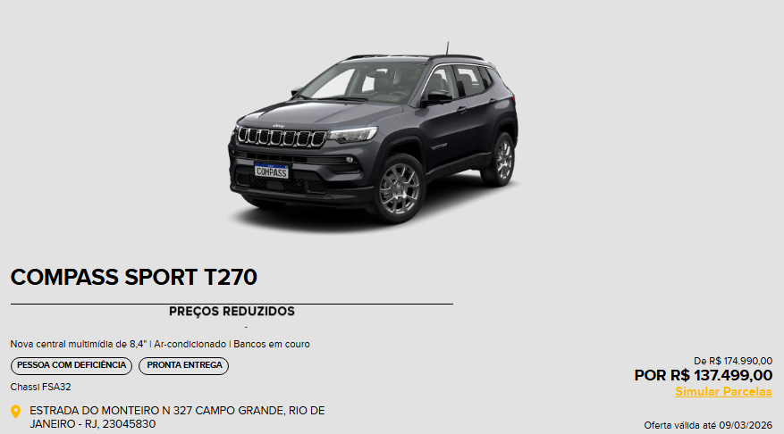 Jeep corta até R$ 53.000,00 do Compass Sport 2026 em oferta para vendas diretas