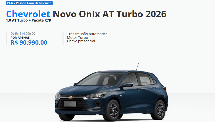 Chevrolet libera Onix AT Turbo 2026 com desconto de R$ 24 mil para PcD em fevereiro