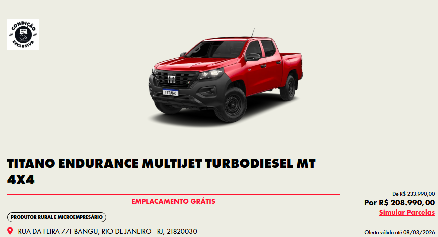 Fiat corta R$ 25.000,00 do Titano Endurance 2026 em oferta para CNPJ Na mecânica, vem equipada com motor 2.2 Multijet Turbo Diesel, tração 4x4 com três modos (2H, 4H e 4L), bloqueio mecânico do diferencial traseiro, dois modos de condução (Normal e Sport), direção elétrica e suspensão traseira com feixe de molas. Entre os itens de conforto e tecnologia, oferece ar-condicionado, piloto automático com limitador de velocidade, volante multifuncional com ajuste de altura e profundidade, computador de bordo de 3,5”, vidros e travas elétricas, retrovisores elétricos, rádio com comandos no volante e entradas USB dianteira e traseira. Completa o pacote com rodas de aço aro 17” com pneus 265/65 R17, protetor de caçamba e de cárter, ganchos para amarração de carga, bancos em tecido com ajuste de altura para o motorista, apoio de braço dianteiro e traseiro, porta-luvas refrigerado, para-choques pretos e tampa traseira com abertura manual.