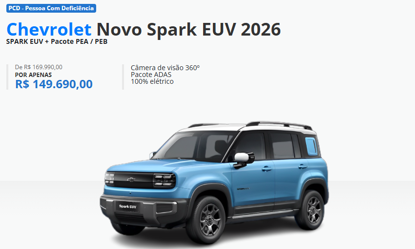 Exclusivo: Chevrolet libera Spark EUV 2026 com redução de R$ 17.300 para PcD em fevereiro
