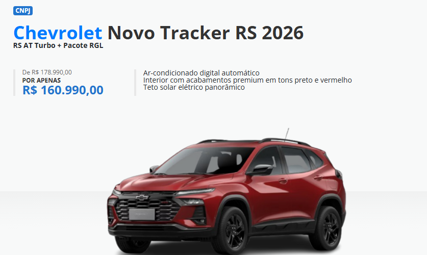 Chevrolet Tracker RS fica até R$ 18 mil mais barato para CNPJ em fevereiro