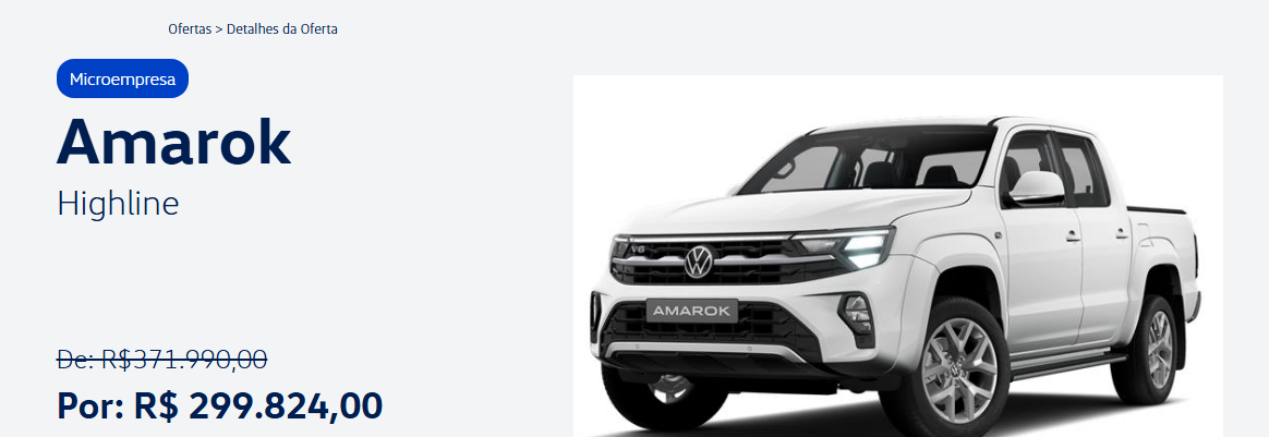 Volkswagen reduz em R$ 72 mil o preço da Amarok Highline 2026 para CNPJ em fevereiro