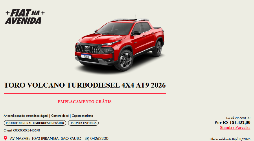 Fiat reduz em R$ 34.558 o preço da Toro Volcano Diesel 2026 para CNPJ em fevereiro