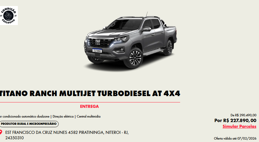 Fiat reduz preço da Titano Ranch 2026 em R$ 62.600 para CNPJ em fevereiro