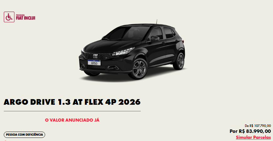Fiat Argo Drive 1.3 CVT 2026 sai por menos que Mobi em fevereiro