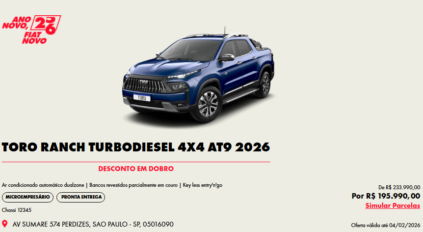 Fiat baixa preço da Toro Ranch 2026 em R$ 38 mil para CNPJ em fevereiro