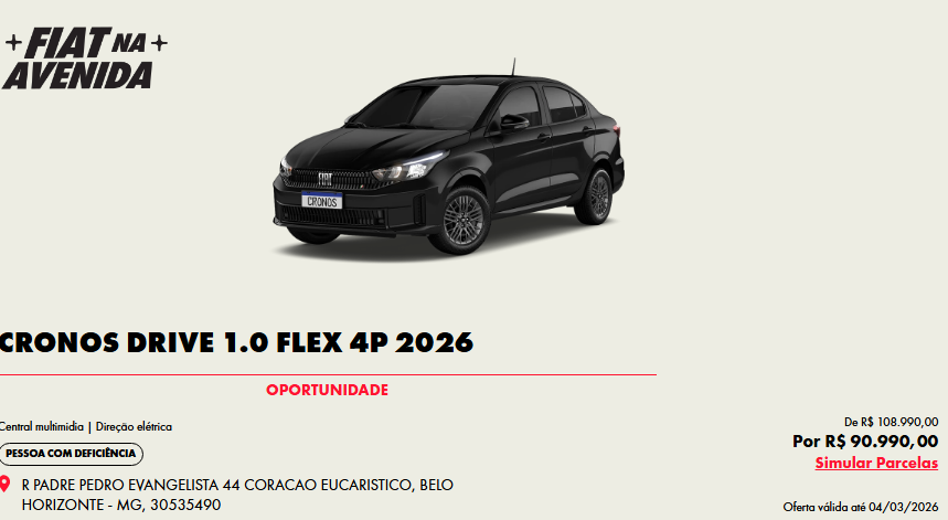 Fiat Cronos Drive 1.0 2026 fica R$ 18 mil mais barato para PcD em fevereiro