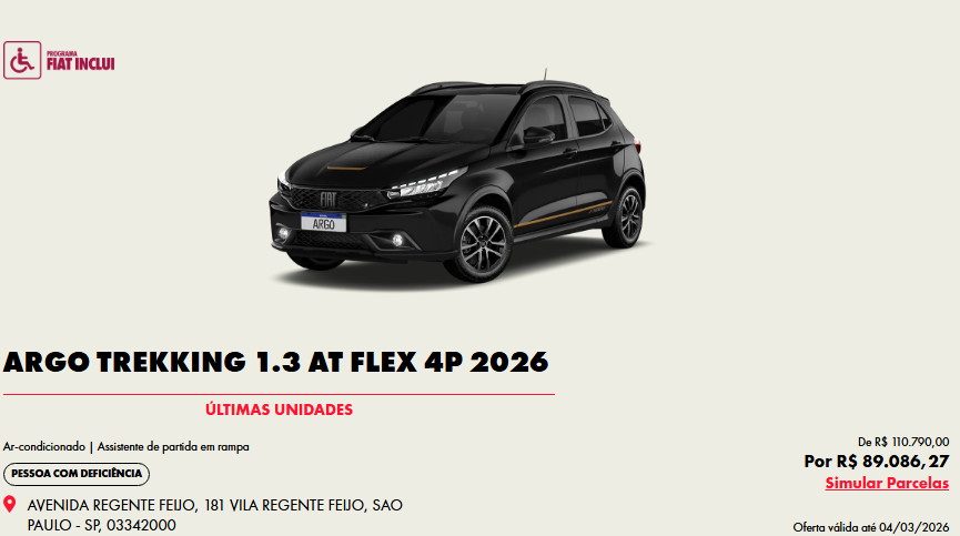 Fiat libera Argo Trekking AT 2026 com desconto de R$ 21.703 para PcD em fevereiro