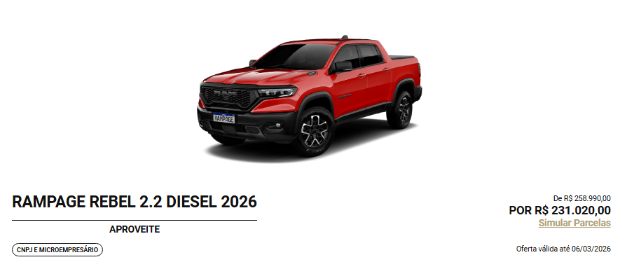 Ram derruba preço da Rampage Rebel 2026 em R$ 27.970,00 para CNPJ