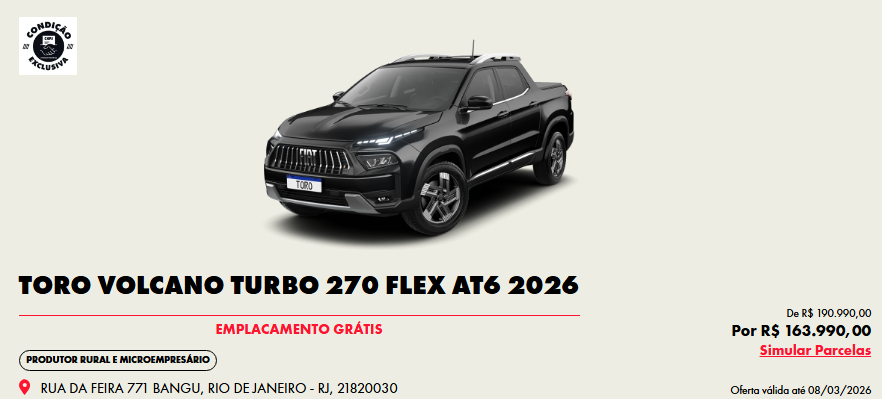 Fiat corta R$ 27.000,00 da Toro Volcano Flex 2026 em oferta para CNPJ