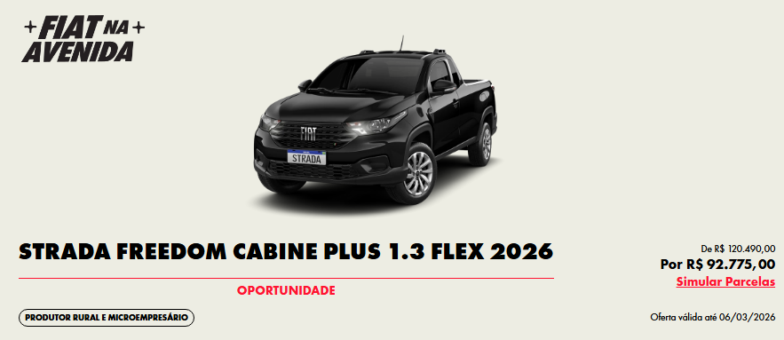 Fiat amplia promoção e dá desconto de R$ 27,7 mil na Strada Freedom Plus