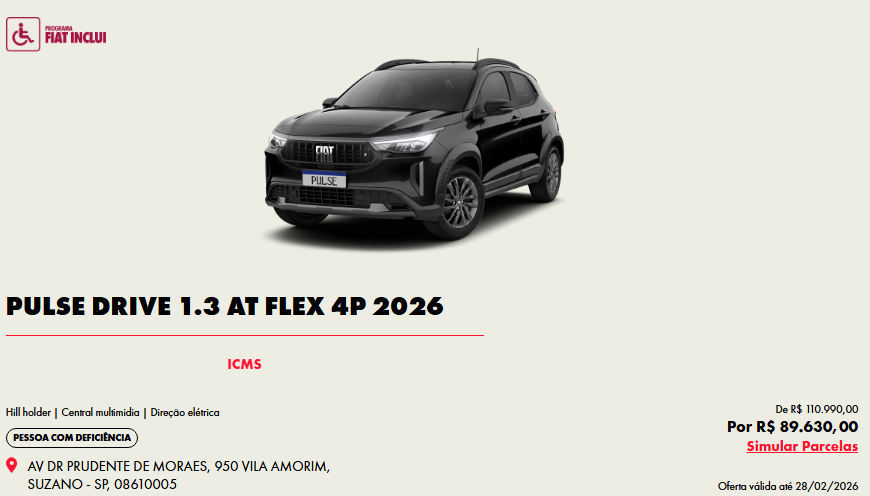 Fiat libera Pulse Drive 1.3 CVT 2026 com redução de R$ 21.360 para PcD em fevereiro