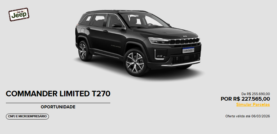 Jeep corta R$ 28.125,00 do Commander Limited 2026 em oferta para CNPJ