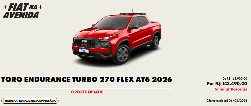 Fiat derruba preço da Toro Endurance 2026 em R$ 18.040,00 para CNPJ