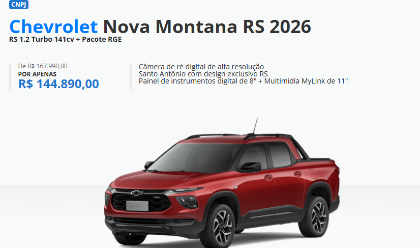 Chevrolet Montana RS 2026 fica R$ 23.100 mais barato para CNPJ em fevereiro