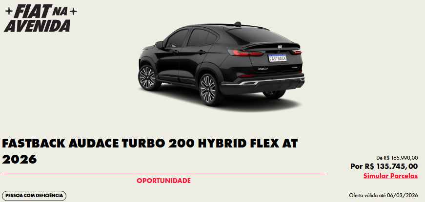 Fastback Audace Hybrid 2026 fica R$ 30.245 mais barato para PcD neste mês