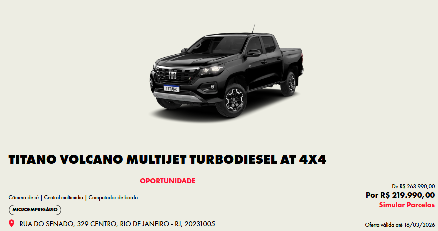 Fiat libera Titano Volcano 2026 com redução de R$ 44.000 para CNPJ em fevereiro