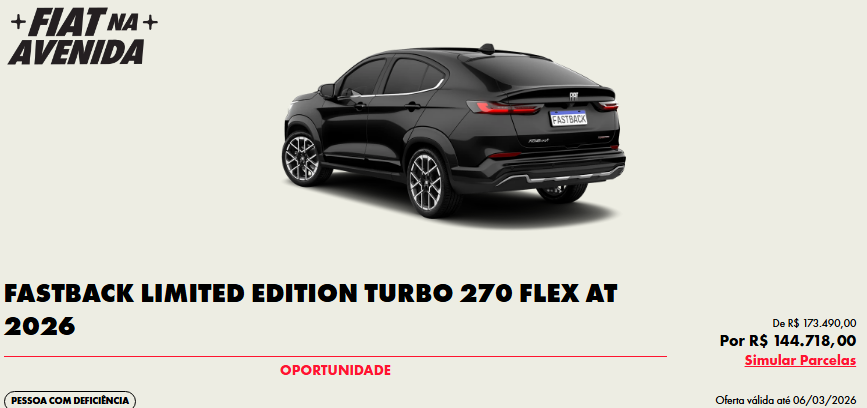 Fiat libera Fastback Limited 2026 com desconto de R$ 28,7 mil para PcD em fevereiro