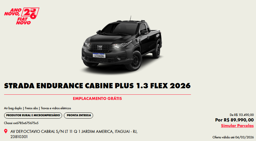 Fiat corta R$ 24.400,00 da Strada Endurance 2026 em oferta para CNPJ