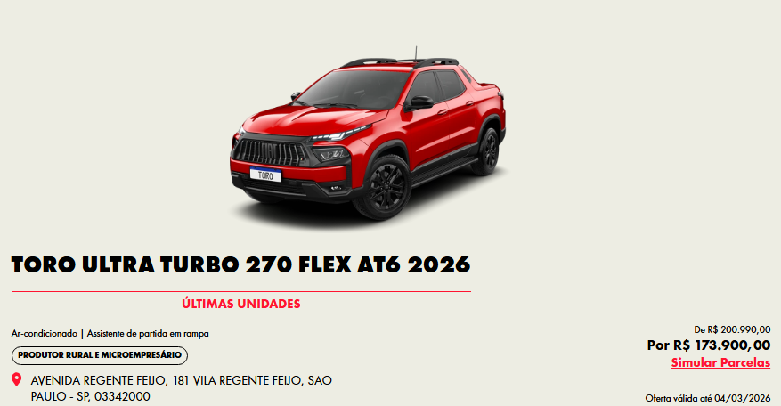 Fiat libera Toro Ultra 2026 com redução de R$ 27.090 para CNPJ em fevereiro