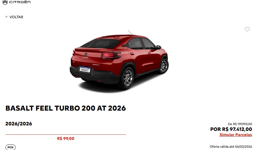 Citroën Basalt Feel T200 CVT 2026 fica R$ 22.578 mais barato para PcD em fevereiro