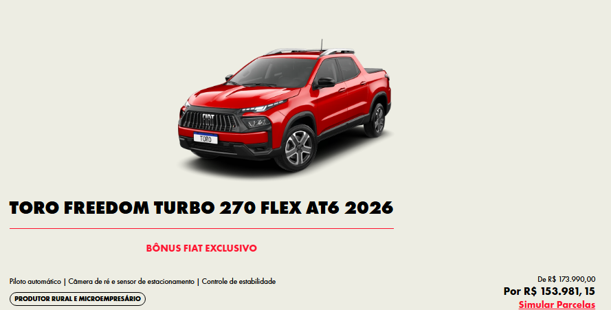 Fiat Toro Freedom 2026 com desconto de R$ 20.008 para CNPJ em fevereiro