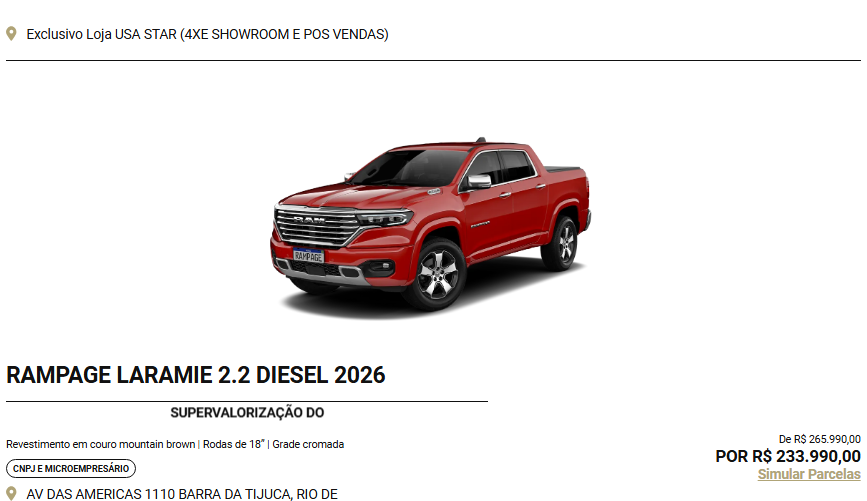 Ram libera Rampage Laramie 2026 com desconto de R$ 233.990,00 para CNPJ em fevereiro