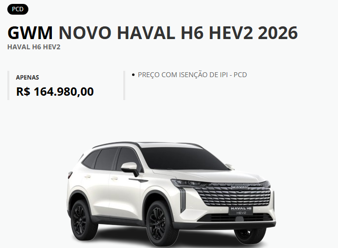 GWM libera Haval H6 HEV 2026 com redução de R$ 34.020 para PcD em fevereiro