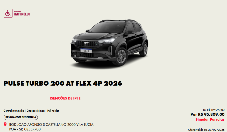 Fiat corta R$ 24.181,00 do Pulse Turbo 200 AT 2026 em oferta para PcD